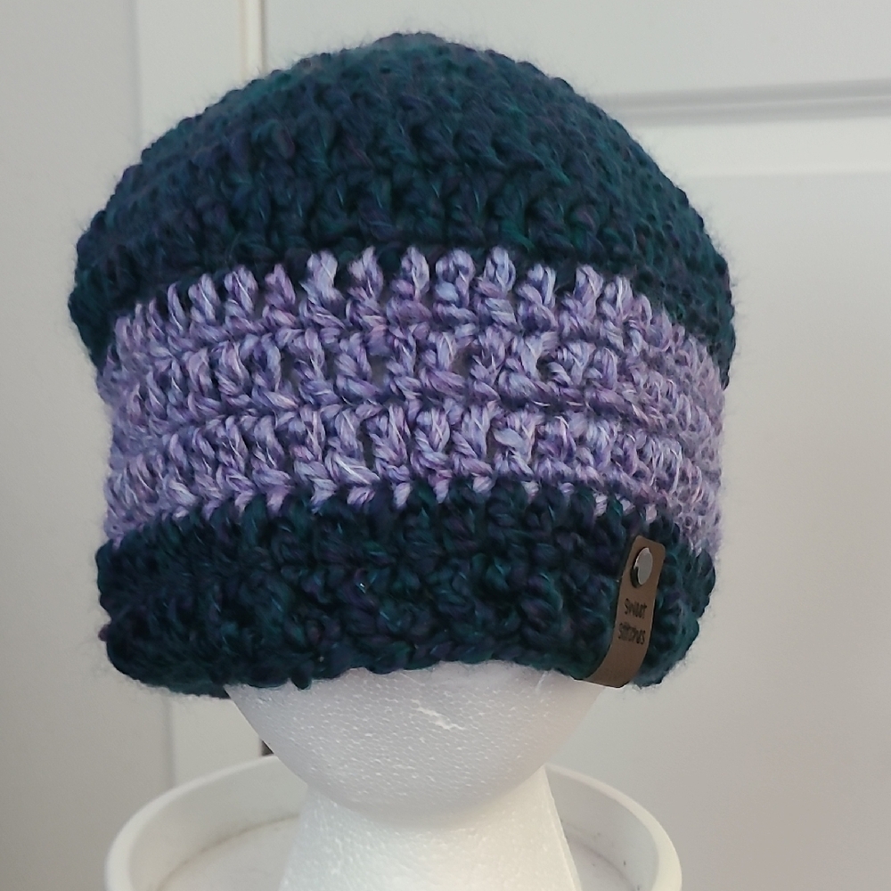Handcrafted Purple and Green Knit Beanie